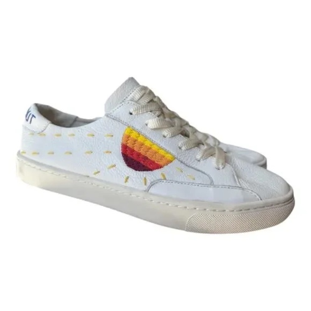 Soludos Peace Out Ibiza White Pebbled Leather Sun Rainbow Boho Embroidered Shoes